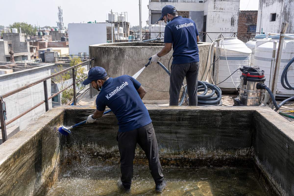 KaamGenie crew cleaning a overhead (rooftop) tank in Shastri Nagar (East Delhi), Delhi