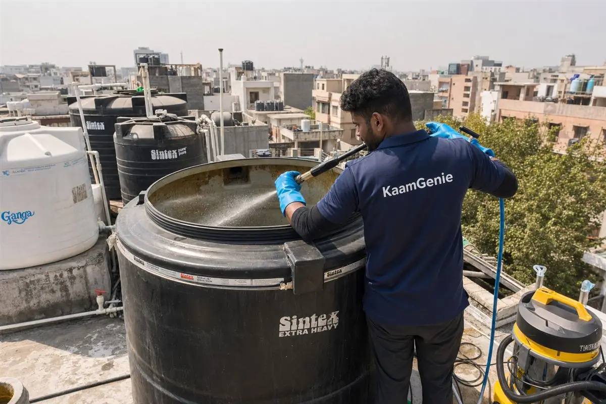 KaamGenie crew cleaning a overhead (rooftop) tank in Sheikh Sarai, Delhi