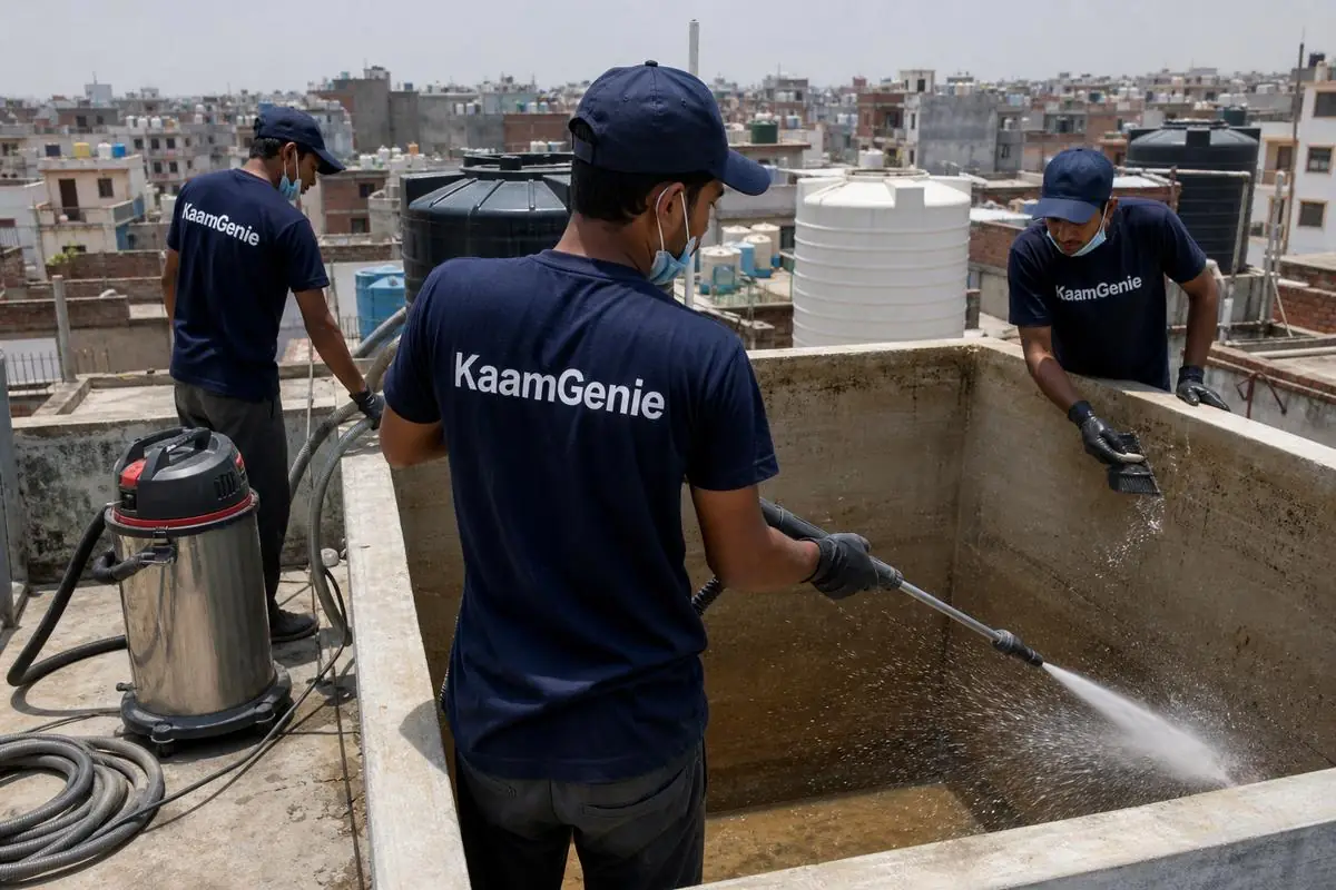 KaamGenie crew cleaning a overhead (rooftop) tank in Shriram Colony (Rajeev Nagar), Delhi