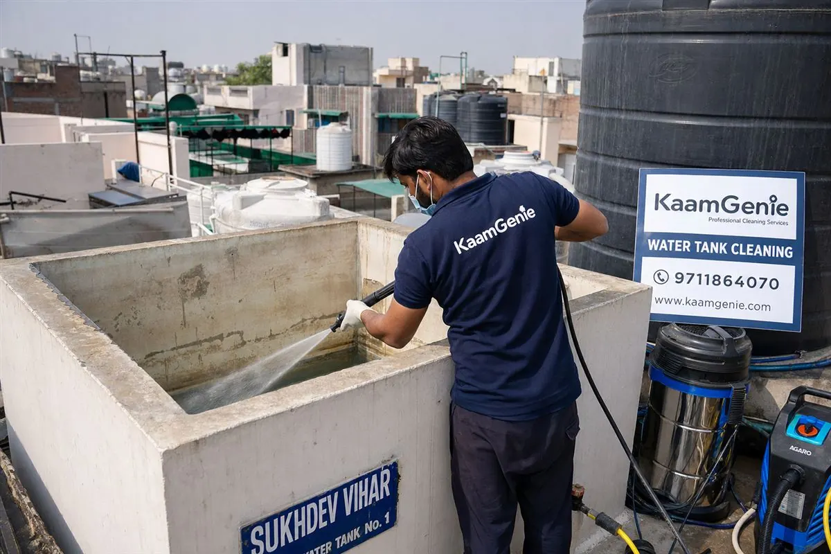 KaamGenie crew cleaning a overhead (rooftop) tank in Sukhdev Vihar, Delhi