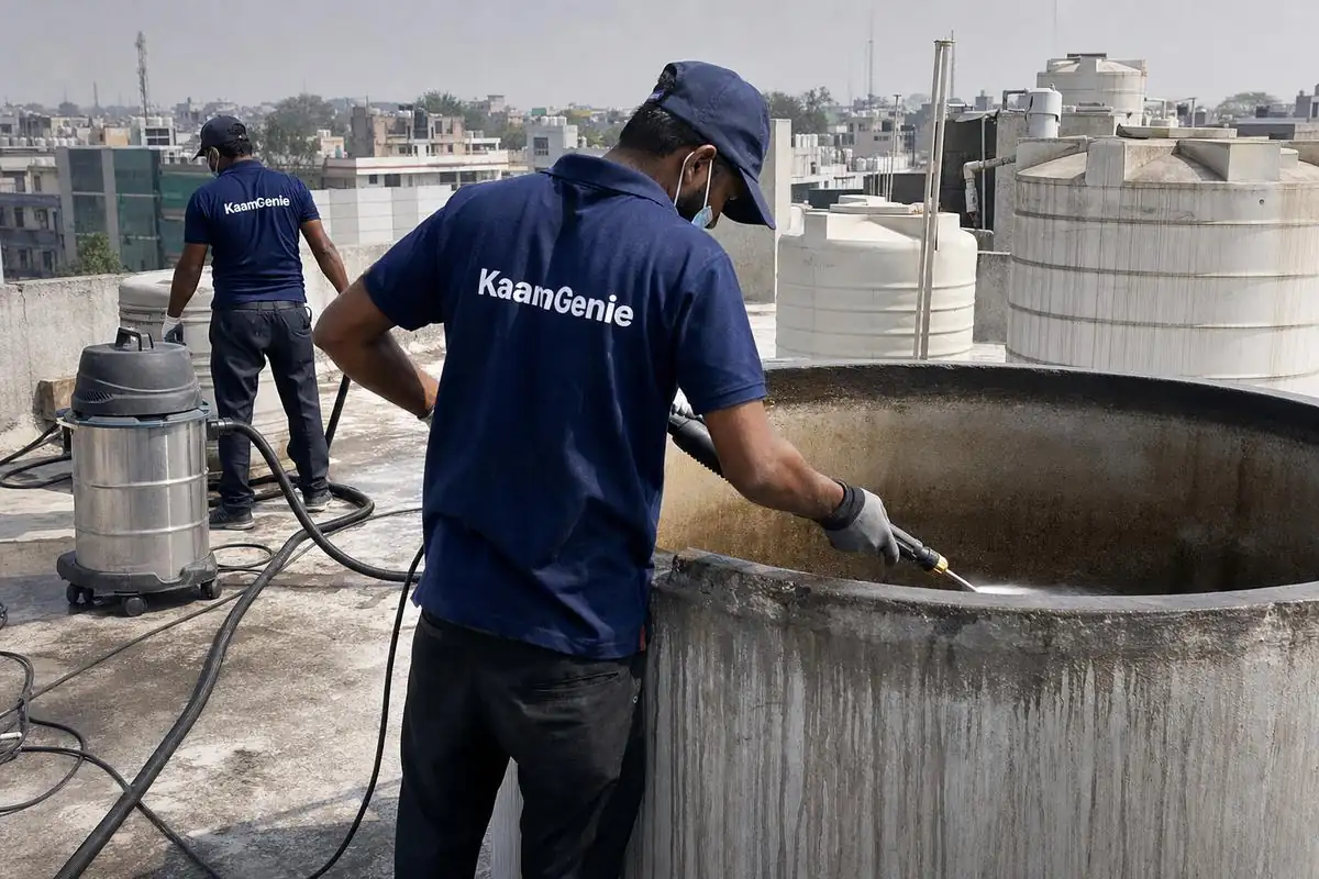KaamGenie crew cleaning a overhead (rooftop) tank in Sultanpur, Delhi