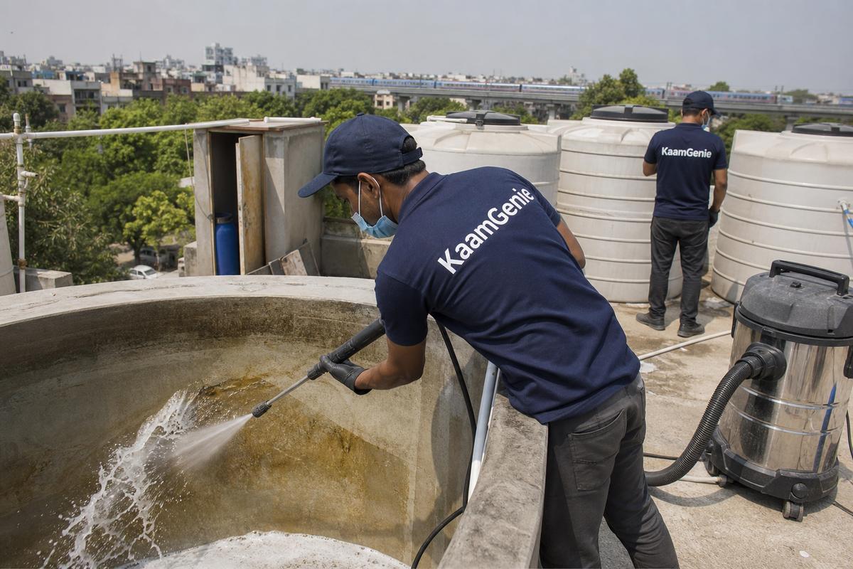 KaamGenie crew cleaning a overhead (rooftop) tank in Tagore Garden, Delhi
