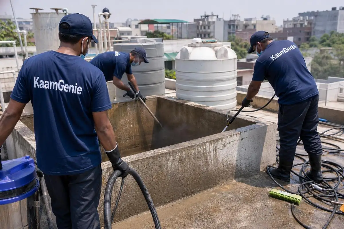 KaamGenie crew cleaning a overhead (rooftop) tank in Taimoor Nagar, Delhi