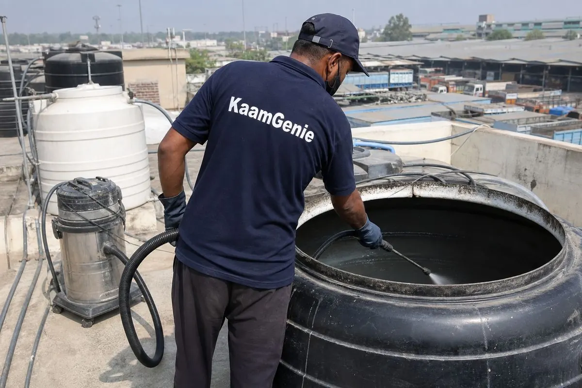 KaamGenie crew cleaning a overhead (rooftop) tank in Tikri Kalan, Delhi