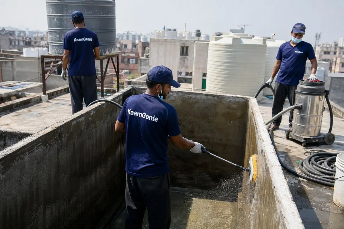KaamGenie crew cleaning a overhead (rooftop) tank in Trilok Puri, Delhi