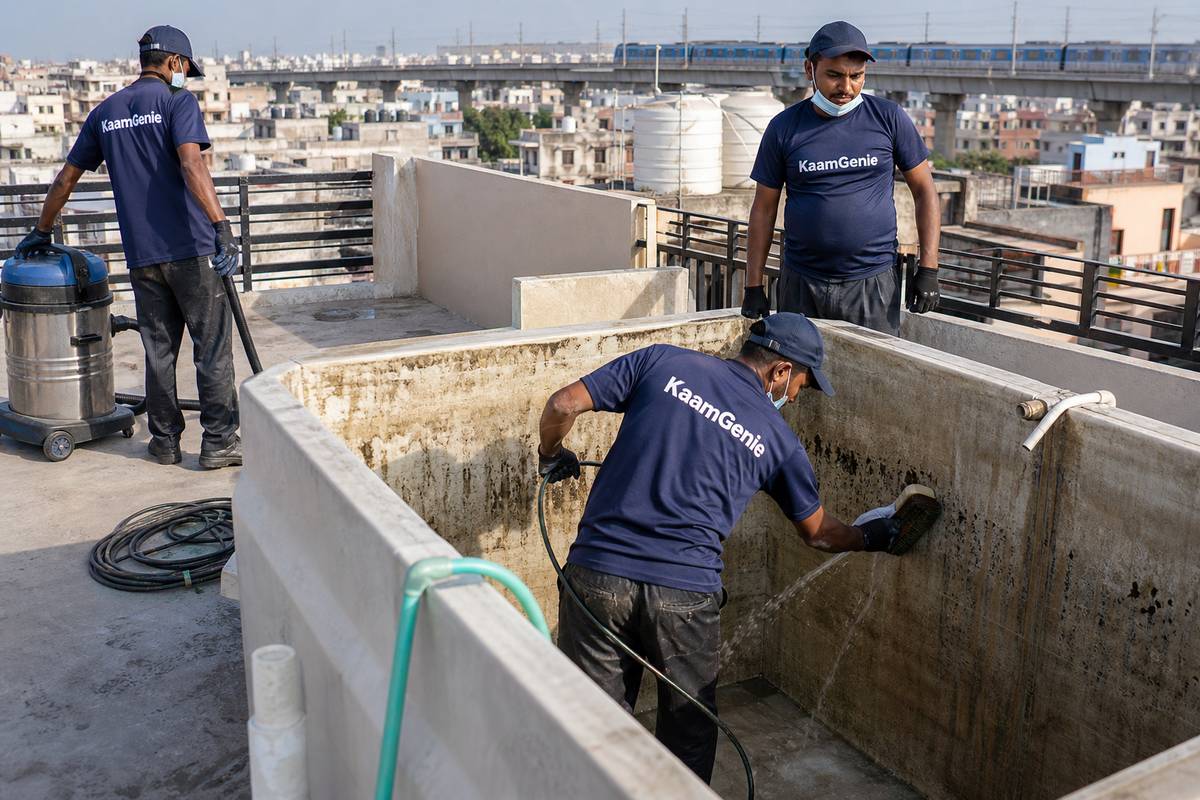 KaamGenie crew cleaning a overhead (rooftop) tank in Uttam Nagar, Delhi
