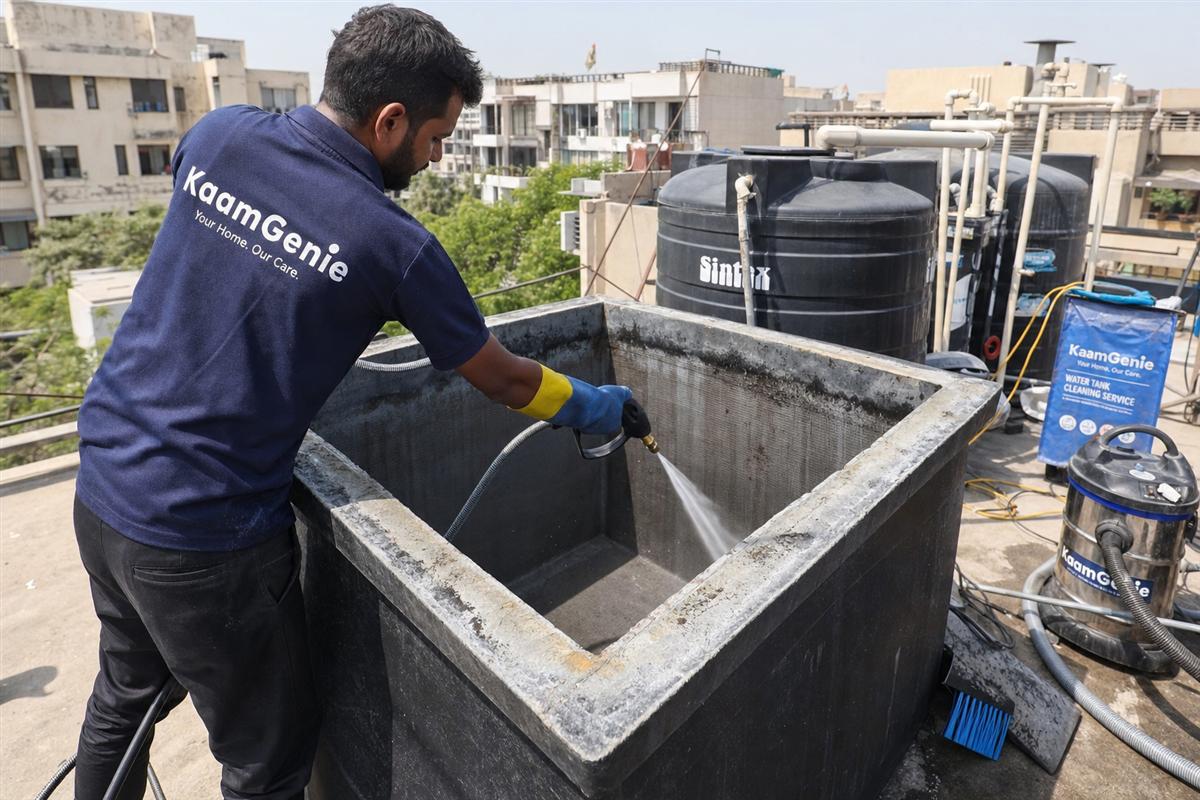 KaamGenie crew cleaning a overhead (rooftop) tank in Vasant Kunj, Delhi