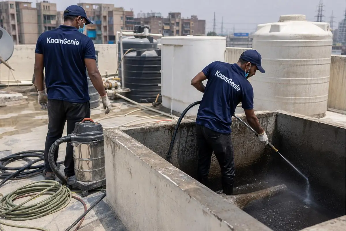 KaamGenie crew cleaning a overhead (rooftop) tank in Vikaspuri, Delhi