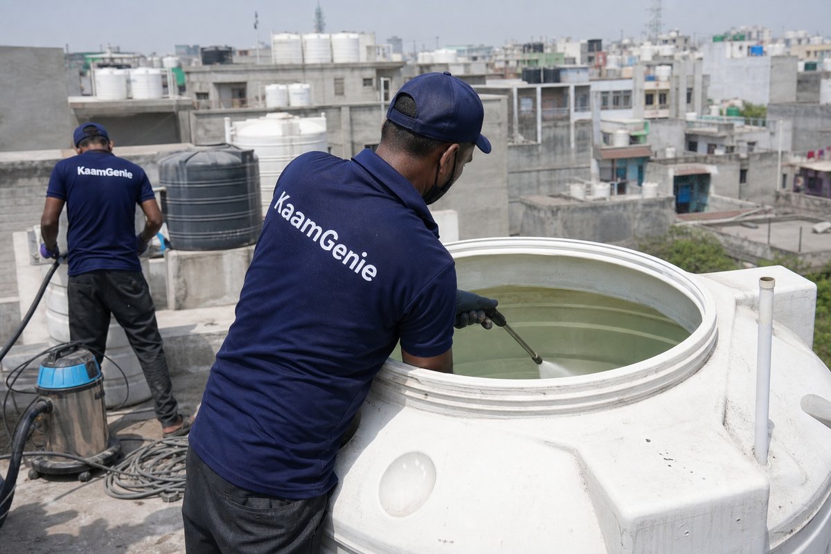 KaamGenie crew cleaning a overhead (rooftop) tank in Vikram Vihar, Delhi