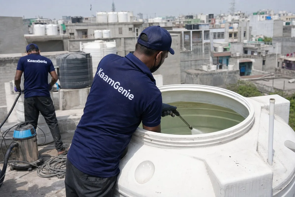 KaamGenie crew cleaning a overhead (rooftop) tank in Vikram Vihar, Delhi