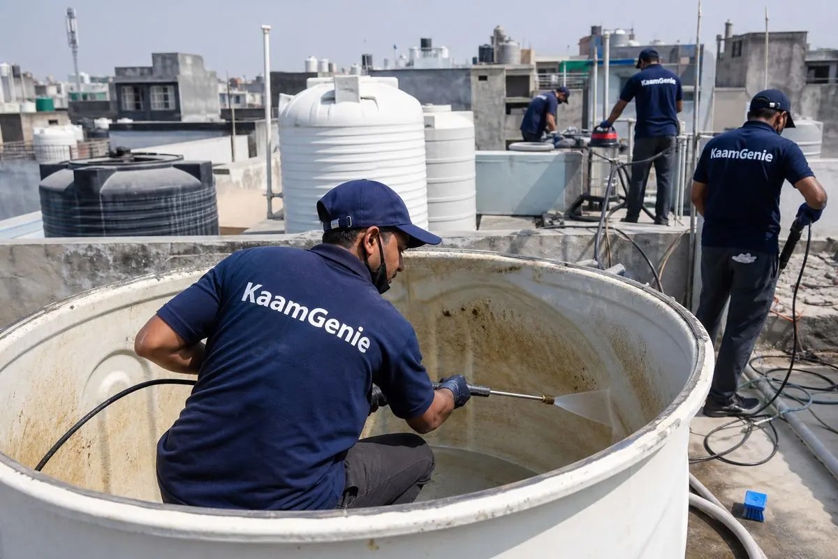 KaamGenie crew cleaning a overhead (rooftop) tank in Vinod Nagar, Delhi