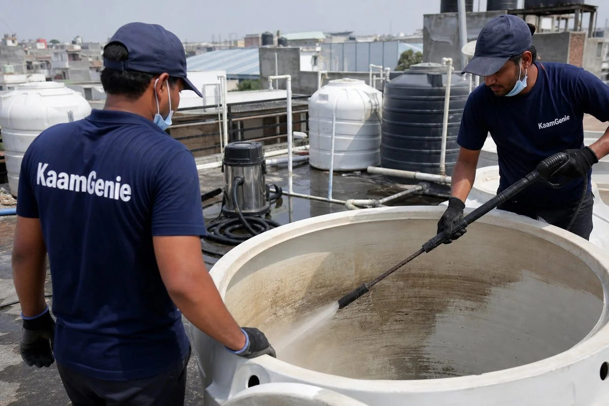 KaamGenie crew cleaning a overhead (rooftop) tank in Vishwas Nagar, Delhi
