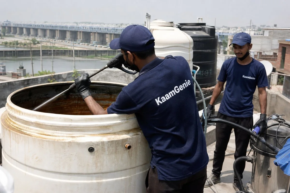 KaamGenie crew cleaning a overhead (rooftop) tank in Wazirabad, Delhi