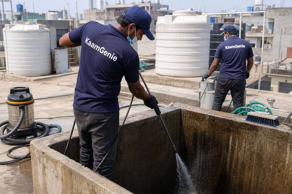KaamGenie crew cleaning a overhead (rooftop) tank in Wazirpur, Delhi