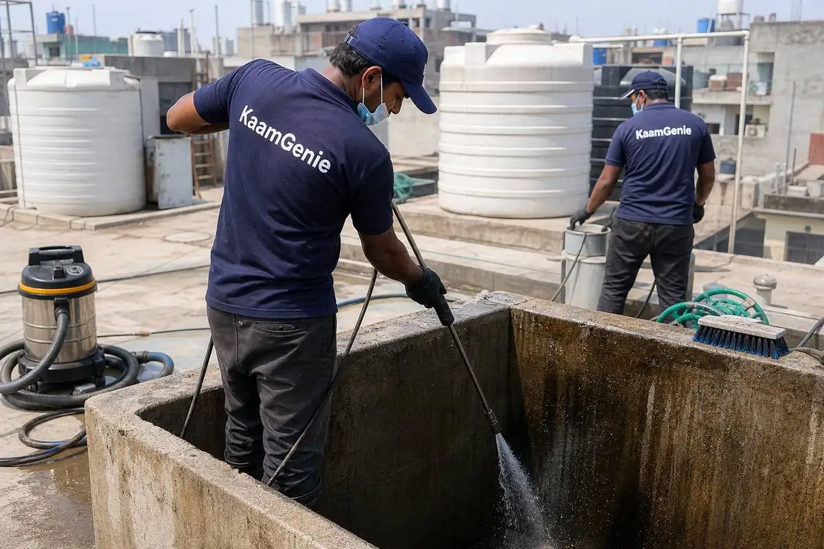 KaamGenie crew cleaning a overhead (rooftop) tank in Wazirpur, Delhi