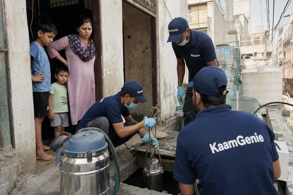 KaamGenie crew cleaning a water tank in North Delhi, Delhi