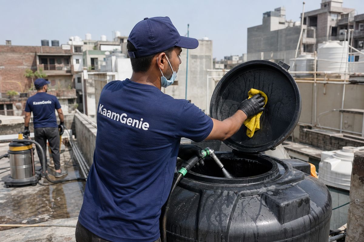 KaamGenie crew cleaning a Sintex / plastic tank in Adchini, Delhi