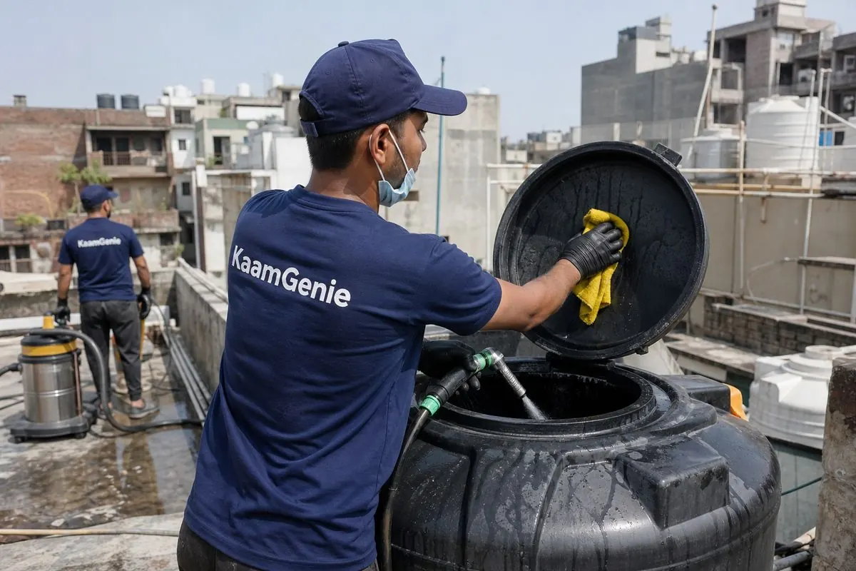 KaamGenie crew cleaning a Sintex / plastic tank in Adchini, Delhi