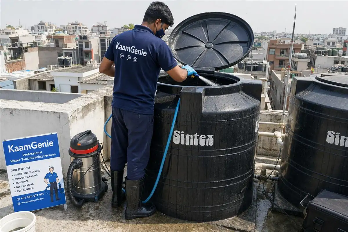 KaamGenie crew cleaning a Sintex / plastic tank in Alaknanda, Delhi