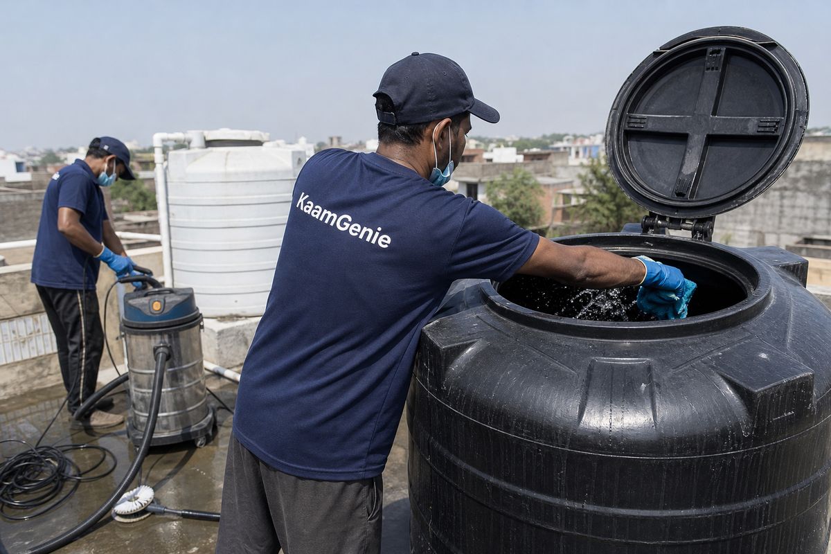 KaamGenie crew cleaning a Sintex / plastic tank in Alipur, Delhi