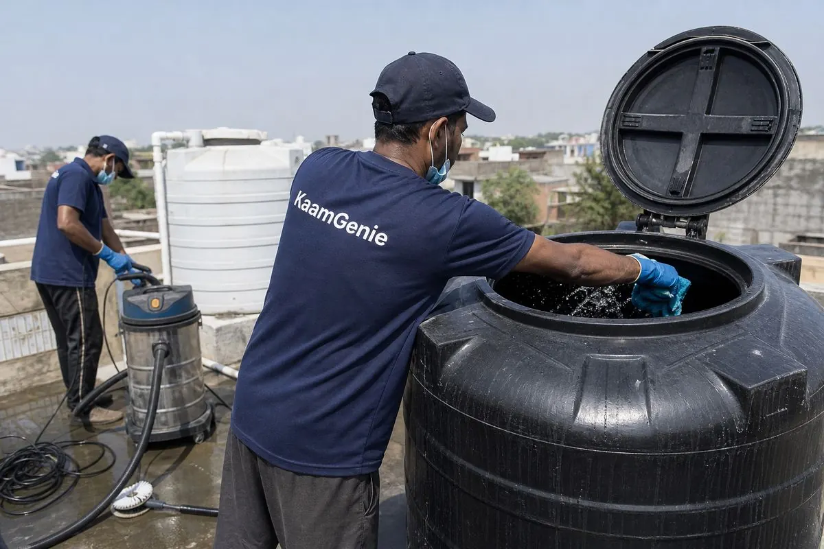 KaamGenie crew cleaning a Sintex / plastic tank in Alipur, Delhi