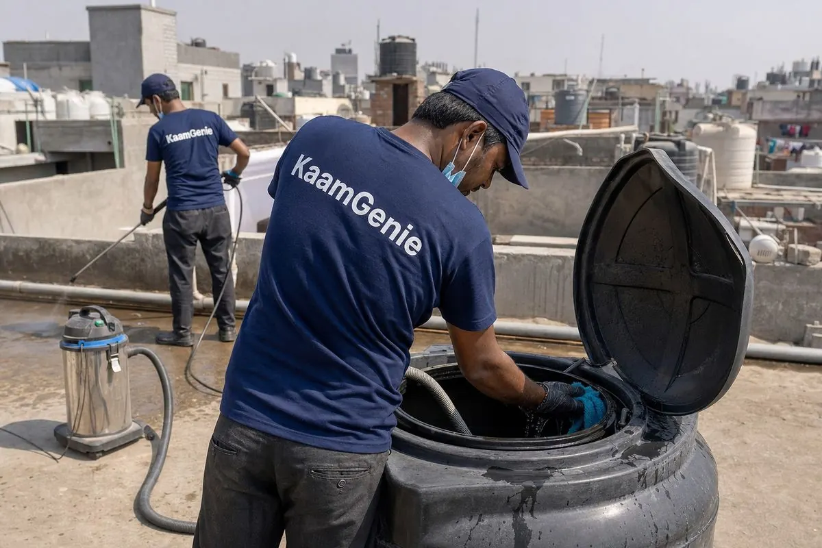 KaamGenie crew cleaning a Sintex / plastic tank in Ambedkar Nagar, Delhi