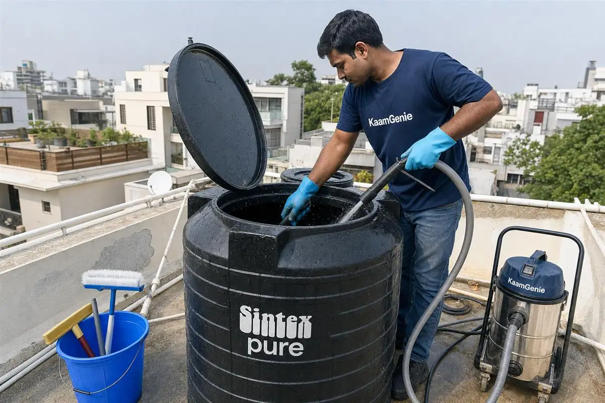 KaamGenie crew cleaning a Sintex / plastic tank in Anand Niketan, Delhi