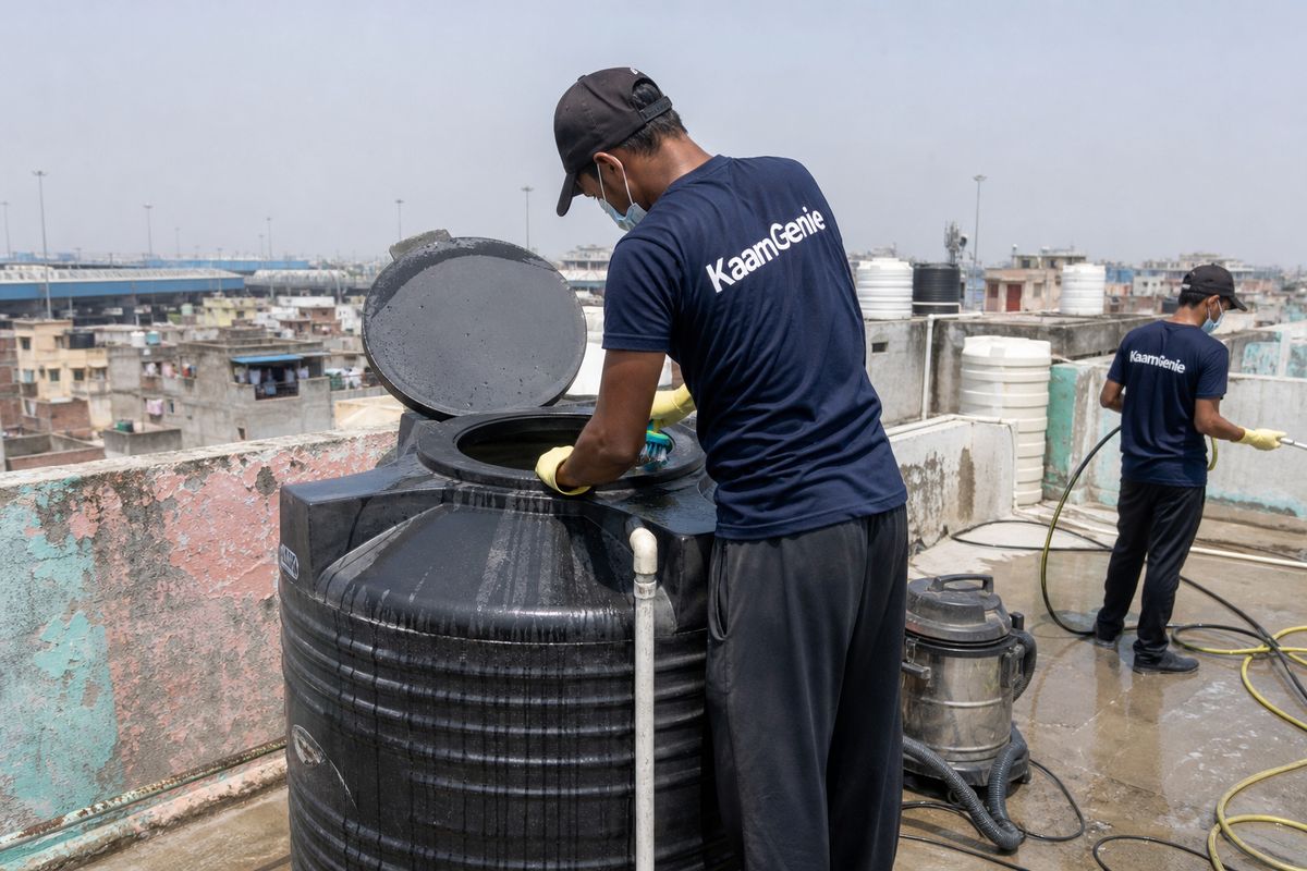 KaamGenie crew cleaning a Sintex / plastic tank in Anand Vihar, Delhi