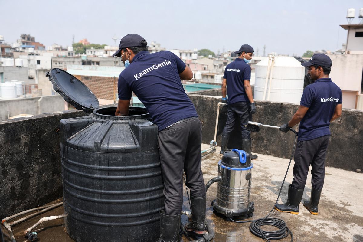 KaamGenie crew cleaning a Sintex / plastic tank in Arjun Nagar, Delhi