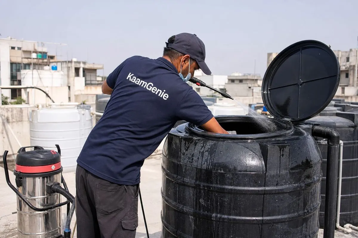 KaamGenie crew cleaning a Sintex / plastic tank in Ashok Vihar, Delhi