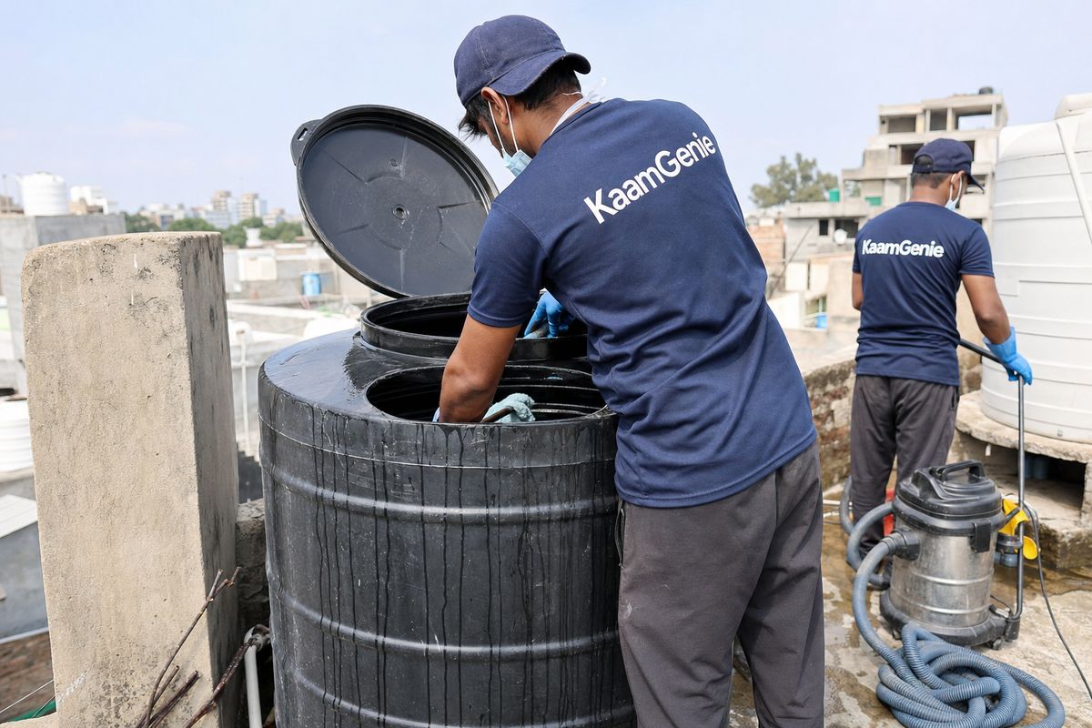 KaamGenie crew cleaning a Sintex / plastic tank in Asola, Delhi