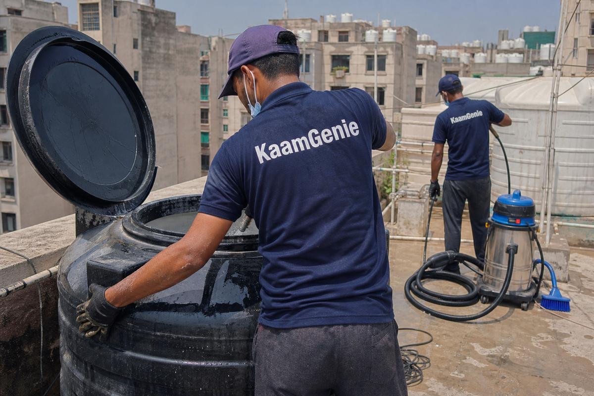 KaamGenie crew cleaning a Sintex / plastic tank in Avantika, Delhi