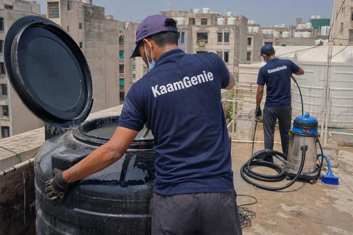 KaamGenie crew cleaning a Sintex / plastic tank in Avantika, Delhi