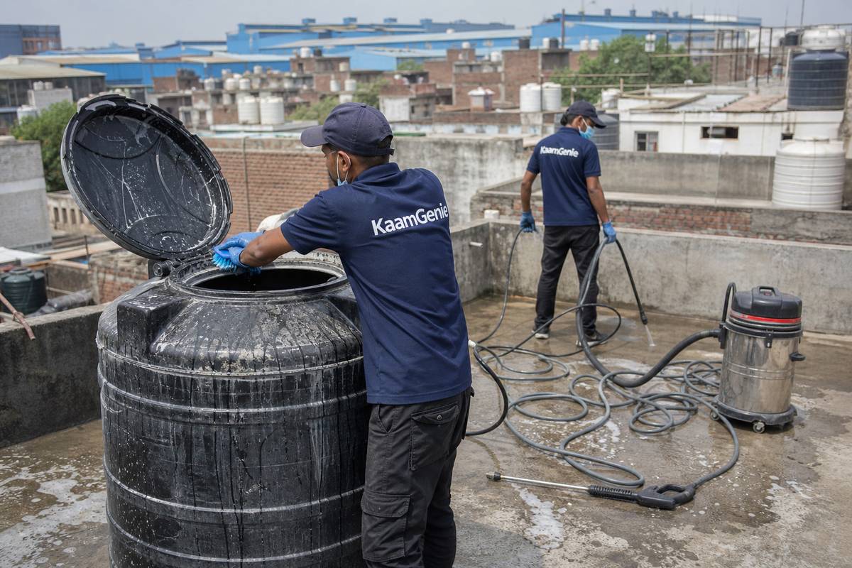KaamGenie crew cleaning a Sintex / plastic tank in Badli, Delhi
