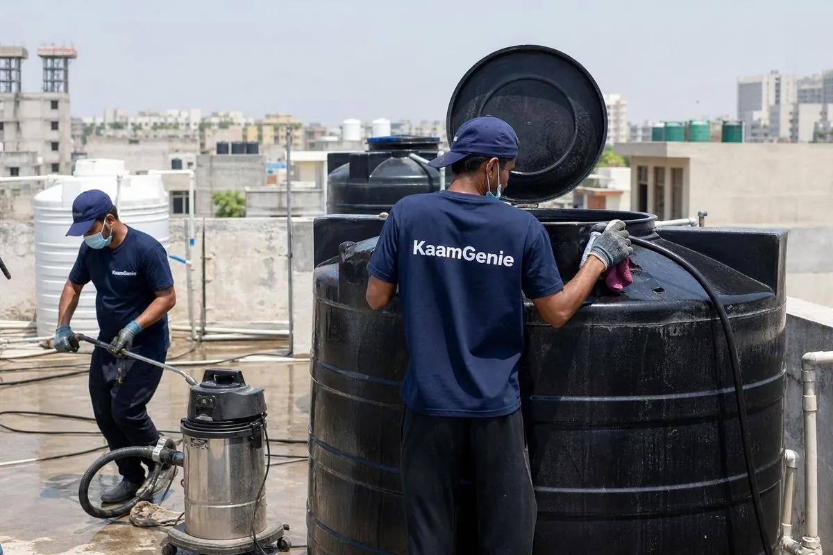 KaamGenie crew cleaning a Sintex / plastic tank in Bakkarwala, Delhi