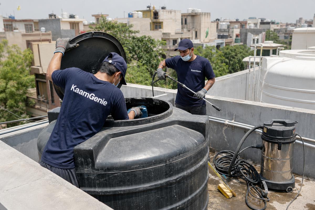 KaamGenie crew cleaning a Sintex / plastic tank in Bali Nagar, Delhi