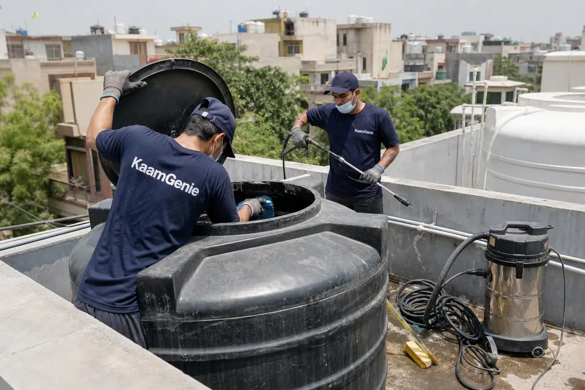 KaamGenie crew cleaning a Sintex / plastic tank in Bali Nagar, Delhi