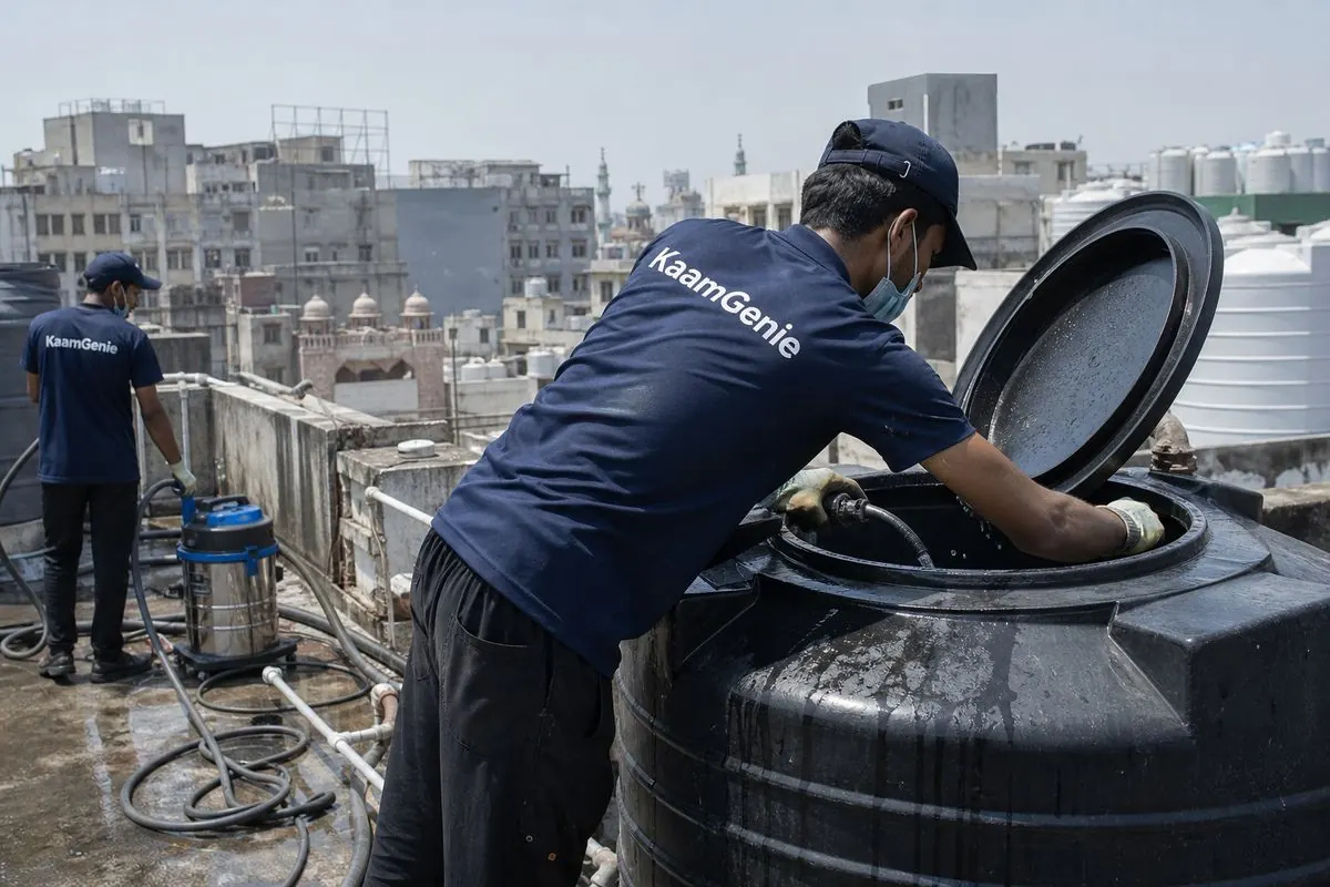 KaamGenie crew cleaning a Sintex / plastic tank in Baratooti (Sadar Bazar), Delhi