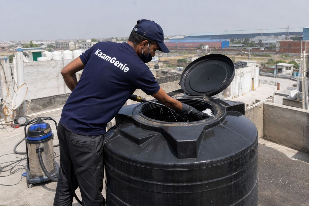 KaamGenie crew cleaning a Sintex / plastic tank in Bawana, Delhi