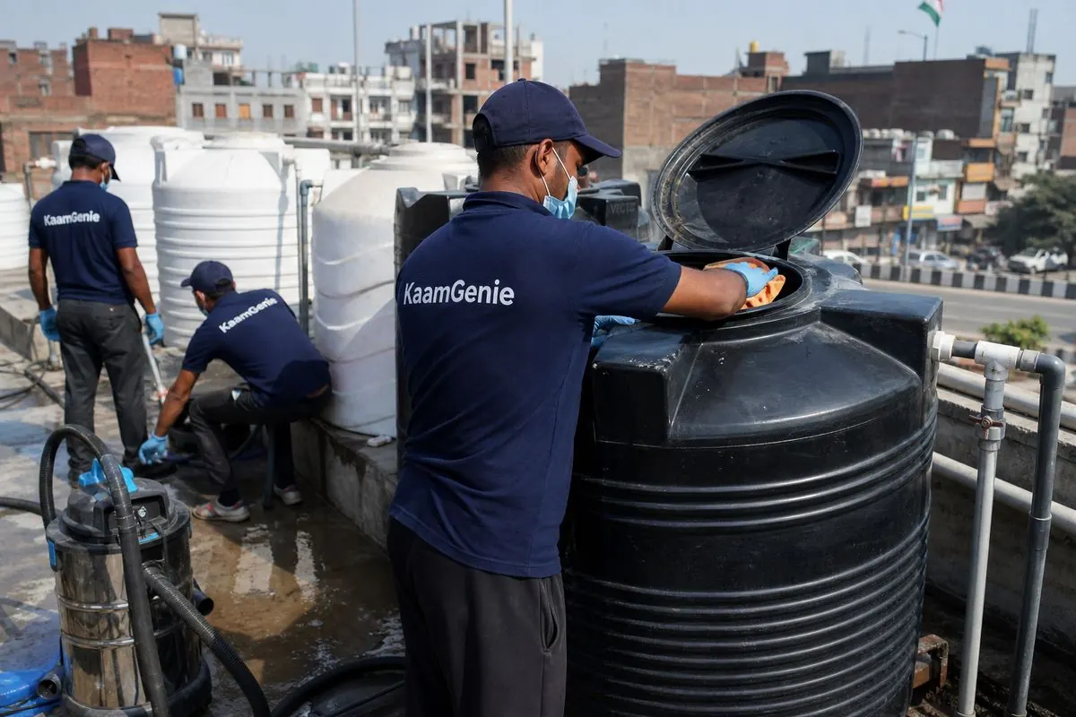 KaamGenie crew cleaning a Sintex / plastic tank in Bhajanpura, Delhi