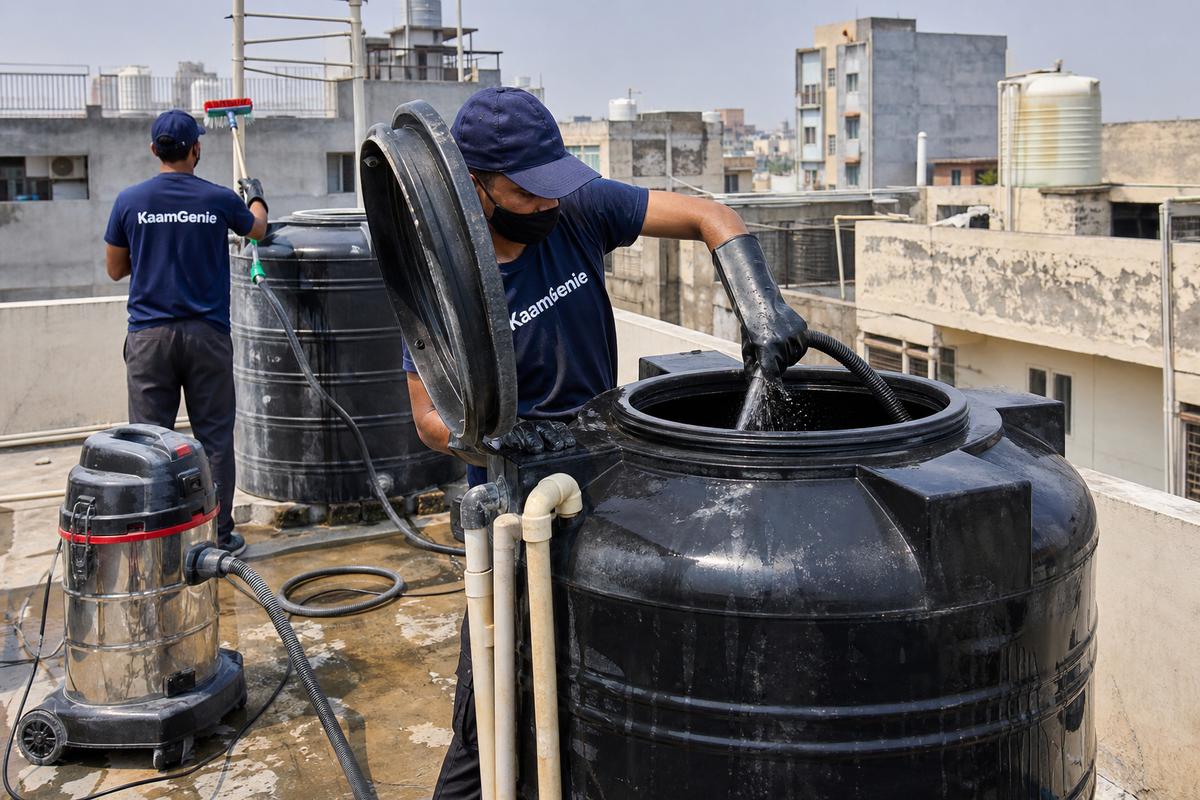 KaamGenie crew cleaning a Sintex / plastic tank in Bharat Nagar, Delhi