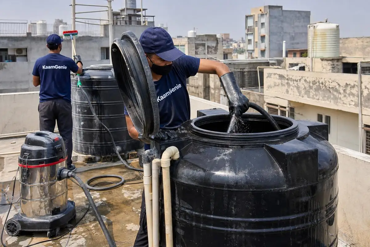 KaamGenie crew cleaning a Sintex / plastic tank in Bharat Nagar, Delhi