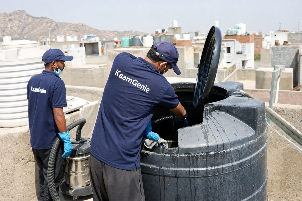 KaamGenie crew cleaning a Sintex / plastic tank in Bhati, Delhi
