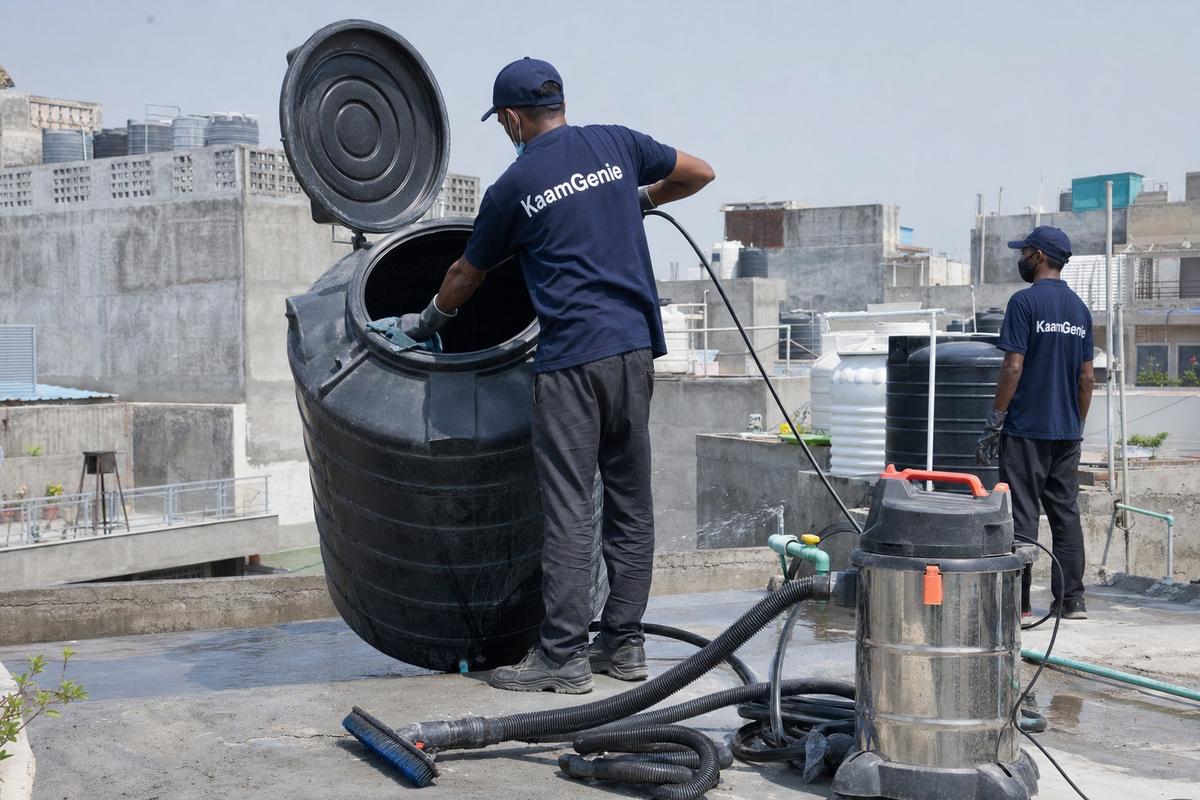 KaamGenie crew cleaning a Sintex / plastic tank in Bijwasan, Delhi
