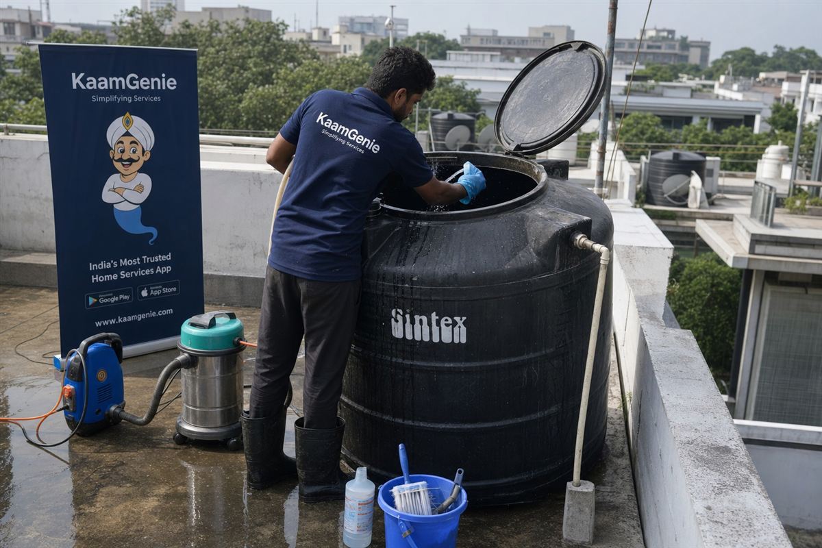 KaamGenie crew cleaning a Sintex / plastic tank in Chanakyapuri, Delhi