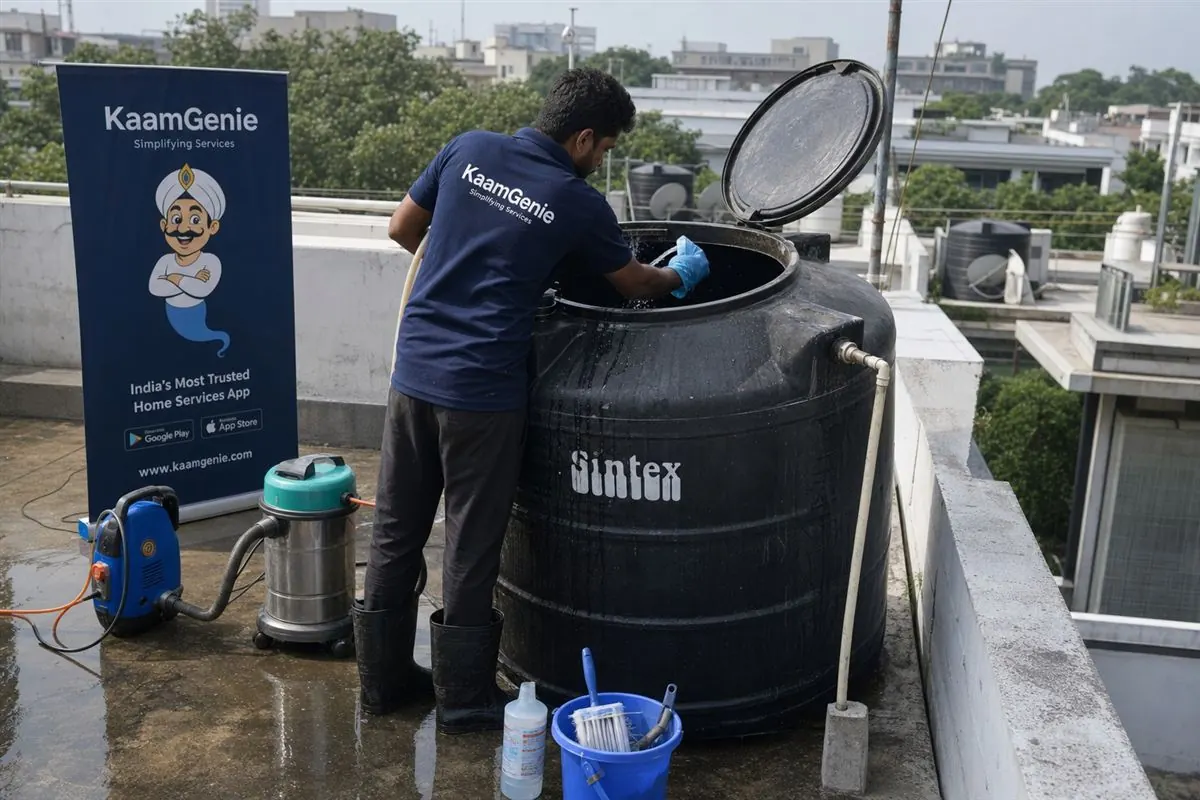 KaamGenie crew cleaning a Sintex / plastic tank in Chanakyapuri, Delhi