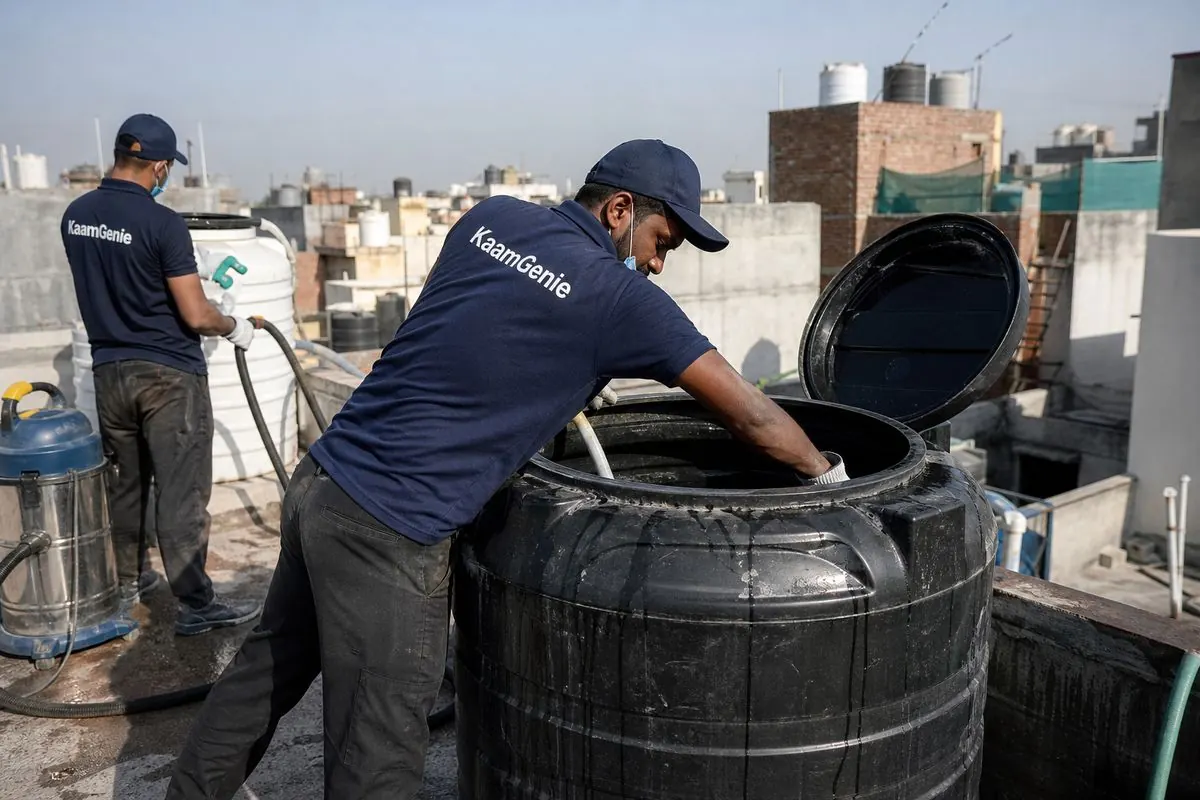 KaamGenie crew cleaning a Sintex / plastic tank in Chand Nagar, Delhi
