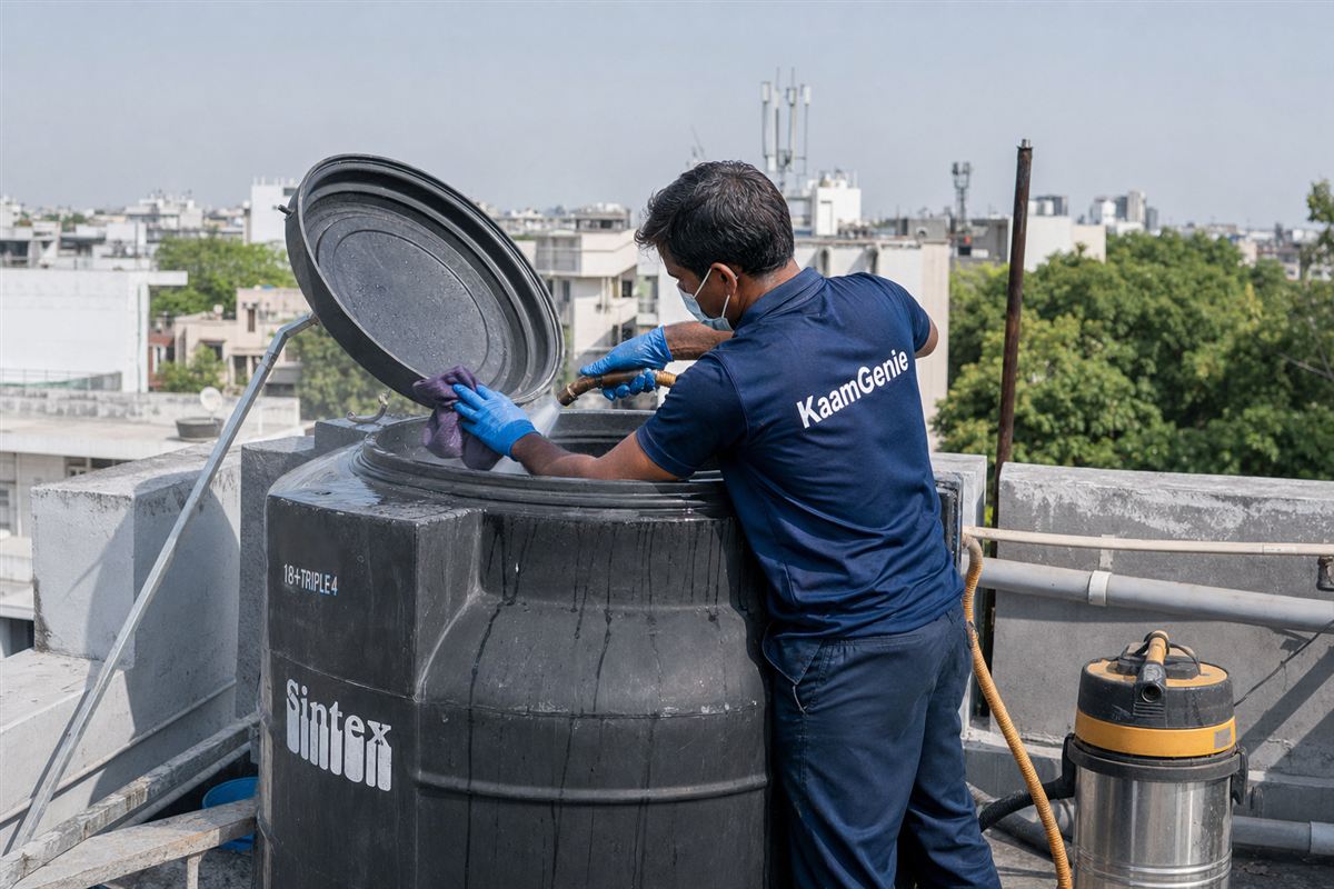 KaamGenie crew cleaning a Sintex / plastic tank in CR Park, Delhi