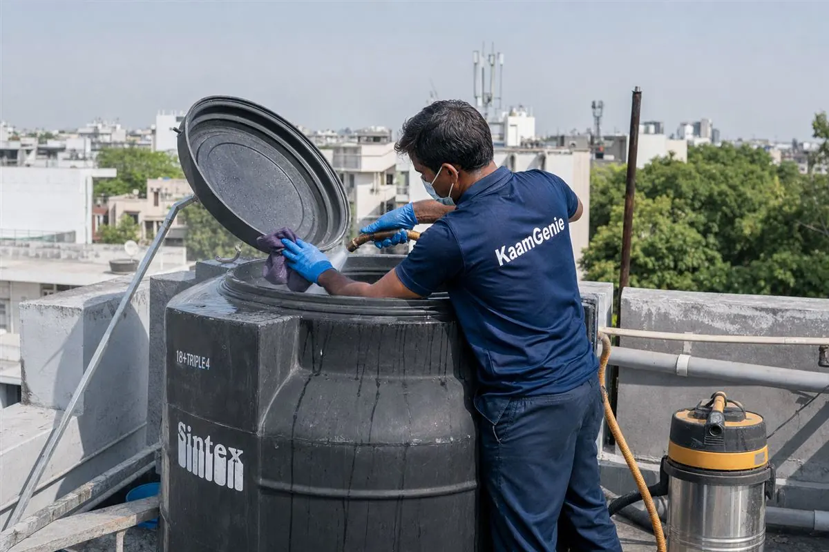 KaamGenie crew cleaning a Sintex / plastic tank in CR Park, Delhi