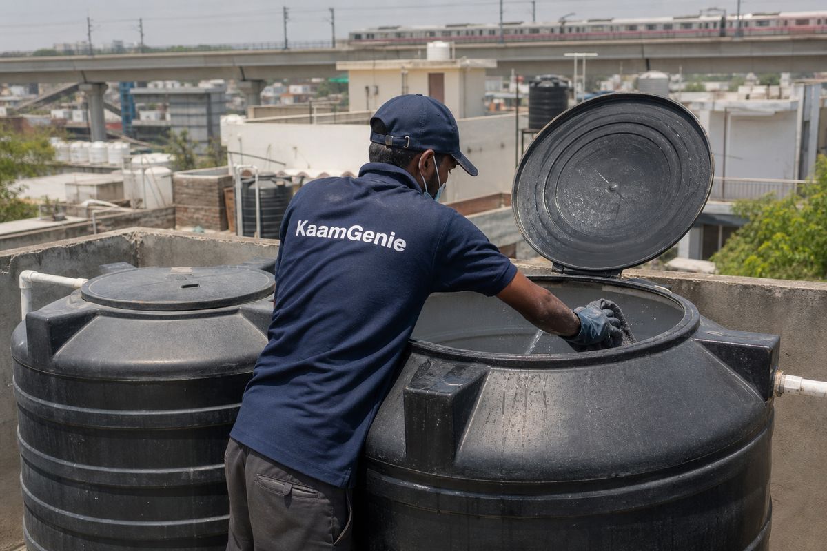 KaamGenie crew cleaning a Sintex / plastic tank in Dabri, Delhi
